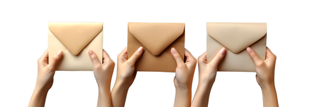Hands Holding Envelopes in Various Shades Isolated on Transparent Background, Communication and Correspondence Symbol