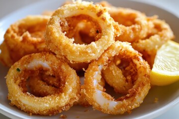 Fried Squid Rings. Crispy Deep Fried Squid Served on White Plate with Lemon