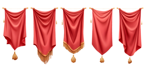 Elegant Red Banners with Tassels Isolated on Transparent Background, Decorative Hanging Flags