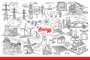 Energy industry with equipment for producing environmentally friendly electricity or gas. Energy equipment for producing electricity from renewable sources or minerals and water. Hand drawn
