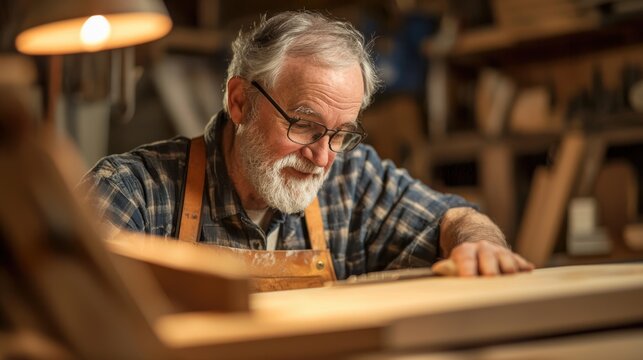 A senior craftsman working on a detailed woodworking project, showcasing years of skill and experience.