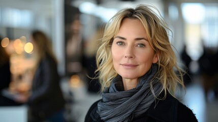 Fototapeta premium Middle-aged woman with blonde hair and scarf indoors