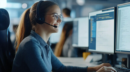 Happy Customer Service Agent Solving a Client's Issue in a Modern Call Center
