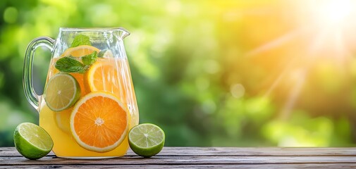 Fototapeta premium Summer citrus drink in a pitcher with orange and lime slices, sitting on a wooden table, bright sunlight, fresh and vibrant outdoor scene, zesty and cool