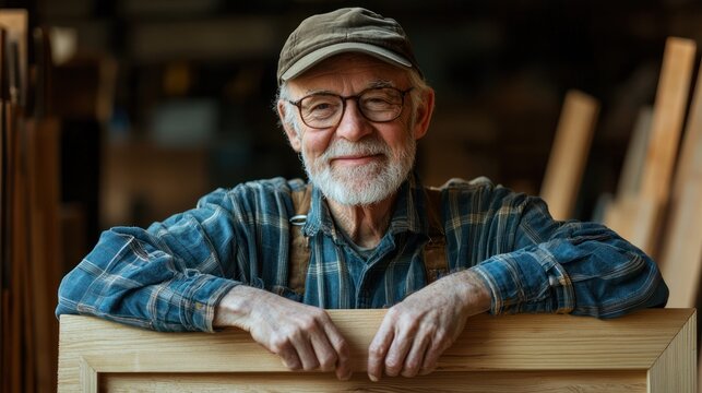 A senior woodworker proudly displaying a completed project, such as furniture or carvings. - Powered by Adobe