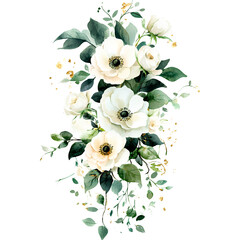 Watercolor floral arrangement with white anemones and roses, eucalyptus leaves, cascading greenery, delicate botanical illustration, elegant floral design, wedding decor, green and white bouquet