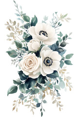 Watercolor floral arrangement with white anemones and roses, eucalyptus leaves, cascading greenery, delicate botanical illustration, elegant floral design, wedding decor, green and white bouquet