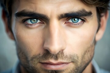 Fototapeta premium Close-up image of beautiful male gray eyes, eyebrows on a white background. Eye health, lenses, vision. Male beauty concept, skin care, hygiene, healthcare