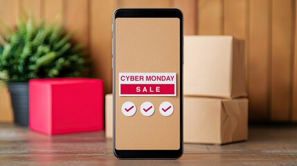 A smartphone displays a "Cyber Monday Sale" announcement, surrounded by decorative boxes and greenery, highlighting shopping excitement.