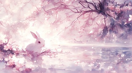 Obraz premium A white rabbit sits on a tree branch overlooking water with surrounding trees