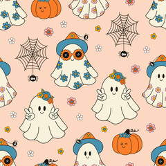 seamless pattern with cute cute ghosts, pumpkin, spider