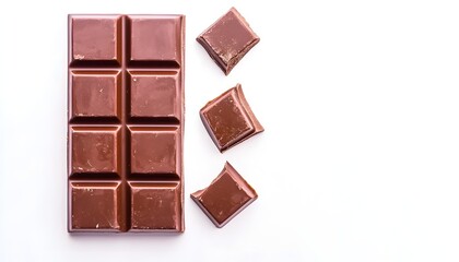 Obraz premium Unbroken chocolate bar, symmetrical squares, clean and smooth texture, photorealistic, isolated on white background
