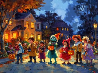 Fototapeta premium 2408 99.A cheerful group of kids dressed in a variety of Halloween costumes, such as monsters, princesses, and superheroes, trick-or-treating through a decorated neighborhood. The childrenâ€™s faces