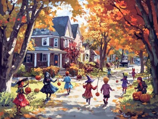2408 100.Children dressed in colorful Halloween costumes, including witches, zombies, and animals, happily trick-or-treating through a spooky neighborhood. The scene captures the joy of Halloween,