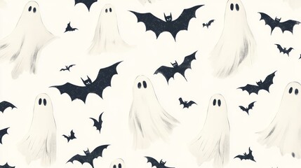 Fototapeta premium 2408 101.A seamless Halloween pattern featuring vintage-style ghosts and flying bats, set against a clean white background. The pattern has an old-fashioned, eerie vibe, with the silhouettes of