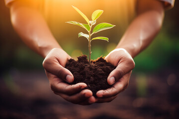 Sprout in hands with fertile soil, reflecting the vital cycle and hope for healthy growth