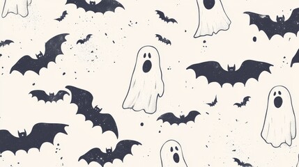 2408 101.A seamless Halloween pattern featuring vintage-style ghosts and flying bats, set against a clean white background. The pattern has an old-fashioned, eerie vibe, with the silhouettes of