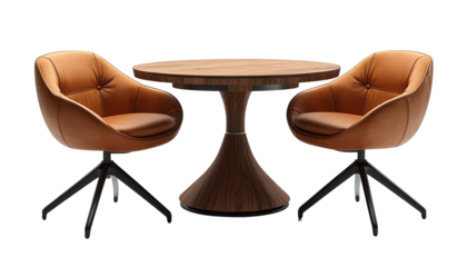 Stylish modern dining set featuring a round wooden table and two elegant brown chairs, perfect for any contemporary interior.