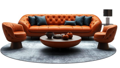 Stylish orange sofa set with blue cushions and round coffee table, perfect for modern living room decor.