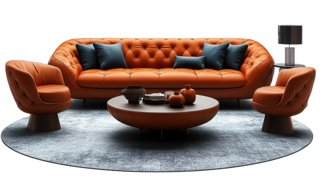 Stylish orange sofa set with blue cushions and round coffee table, perfect for modern living room decor.