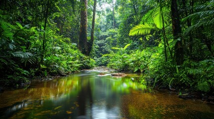 Obraz premium A serene forest scene with a calm stream running through it, surrounded by dense greenery.