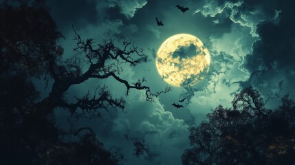 Fototapeta premium 2408 116.A haunting Halloween night scene under a glowing full moon, with dark clouds drifting across the sky. Bats fly overhead, and silhouetted trees with twisted branches reach toward the moon,