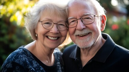 A Smiling Elderly Couple Posing Close Together Outdoors