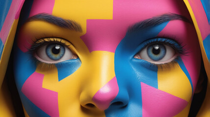 Portrait of the bright beautiful girl with art colorful make-up and body art. Pink, Blue, Yellow Close up