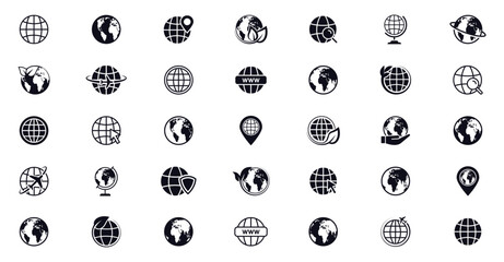 Globe earth icon big set. World icon collection. Web and homepage icons. Globes with world maps. www symbol. Vector illustration.