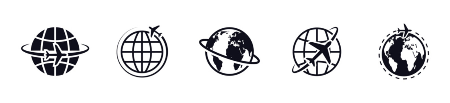 Globe and airplane icon set. Plane fly around the earth planet. Airplane travel logo. World map icon collection. Vector illustration.