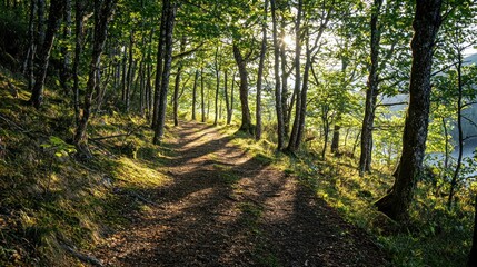A forest trail with dappled sunlight filtering through the trees, inviting hikers to explore.