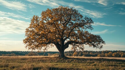 Fototapeta premium A majestic, ancient tree with a wide trunk and sprawling branches, standing out in a field.