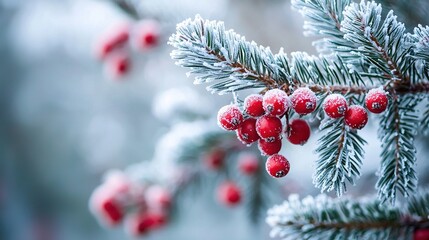   A photo of a pine tree with red berries on its needles and snow covering its branches