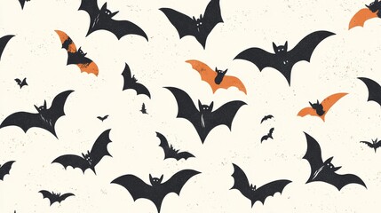 Naklejka premium 2408 128.A fun and spooky Halloween seamless pattern with cartoon bats flying across a light background. The bats are in different sizes and orientations, creating a dynamic, festive design suitable