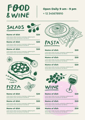 Restaurant cafe menu design template. Food and wine flyer.
