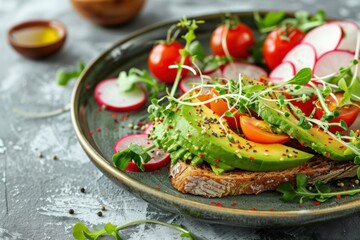 A plate of fresh avocado toast with cherry tomatoes, radishes, and microgreens, served on a rustic wooden board. Copy space