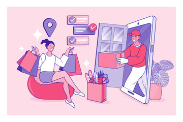 Delivery concept. Man Delivering Online with Grocery order from smart phone. Shopping on social networks through phone flat design style. Vector illustration.
