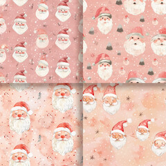 Watercolor Christmas Santa Claus Pattern   Pink   Green Festive Design