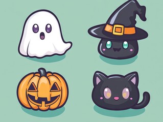Fototapeta premium 2408 143.A set of cute Halloween characters in vector style, including a spooky ghost, a carved pumpkin with a goofy smile, a black cat, and a witch hat. The designs are colorful and fun, perfect for