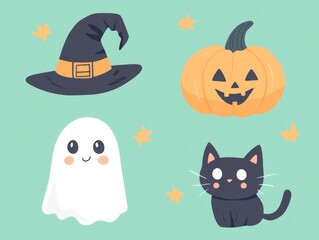 Fototapeta premium 2408 145.A charming Halloween clipart set with cartoon characters like a friendly ghost, a grinning pumpkin, a mischievous black cat, and a witch hat. The vector designs have a cute, lighthearted