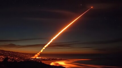 Flames of an Orange Rocket Trail at Night