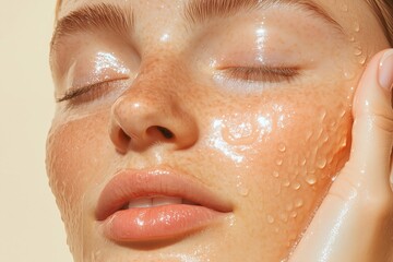 Water hydration beauty, skincare face moisturizer, serum product in golden sunlight. Banner with copy space. skincare product on facial skin. Natural beauty and cosmetic concept.