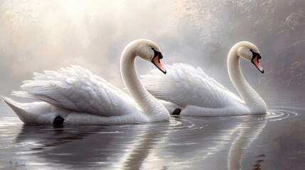 Fototapeta premium Elegant white and gray swans glide gracefully across the tranquil waters.