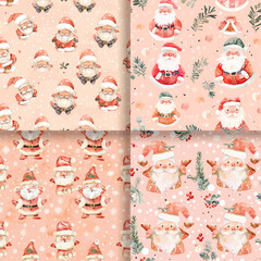 Watercolor Christmas Seamless Pattern with Santa Claus and Winter Elements