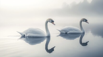 Elegant white and gray swans glide gracefully across the tranquil waters.