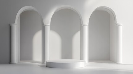 Fototapeta premium Elegant white column pedestal with an arch, reminiscent of Roman or Greek architecture. Its sleek and minimalist design exudes sophistication, creating a perfect platform for product display.