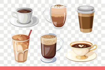 Coffee in mugs and glasses is prepared according to different recipes for coffeehouse visitors. Fragrant coffee latte or cappuccino with cinnamon, for delicious breakfast or lunch.