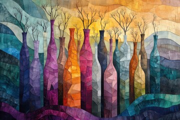 Colorful geometric painting with trees and abstract river scene for creative design