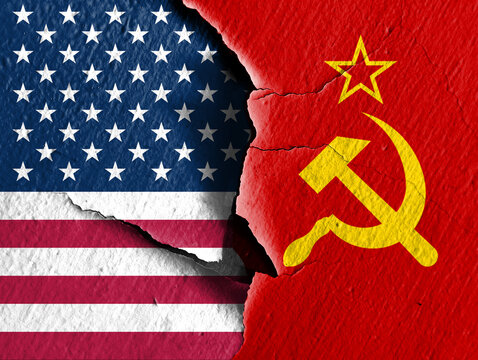 cold war. Flag of the Soviet Union (1922-1991). American flag (50 stars). Describe the hostile relationship between the two countries. Background or basemap. double exposure hologram