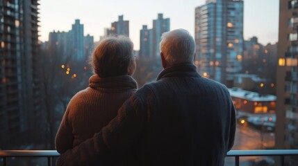 Elderly couple standing on a balcony, looking out at a cityscape
